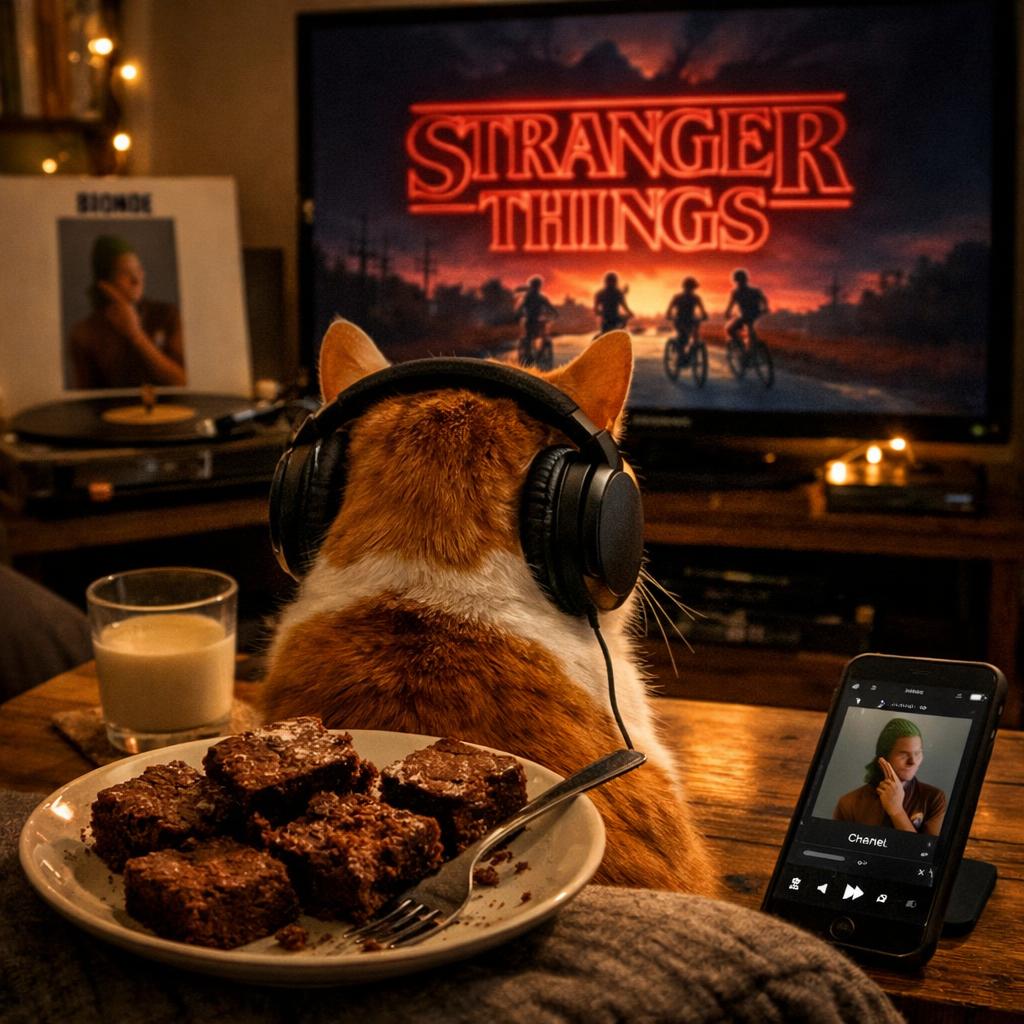 Template meme a cat watching stranger things listening to frank ocean while ea