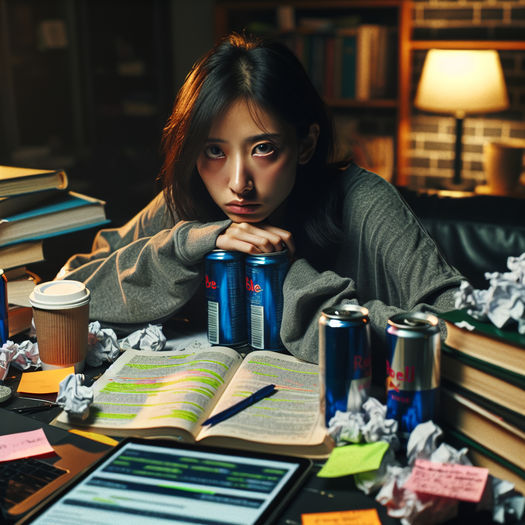 Template meme A student surrounded by energy drinks and coffee, pulling an all