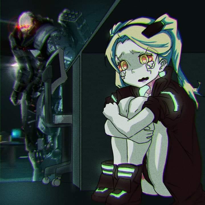 Template meme Anime Girl Hiding From a Terminator x Cyberpunk Edgerunners