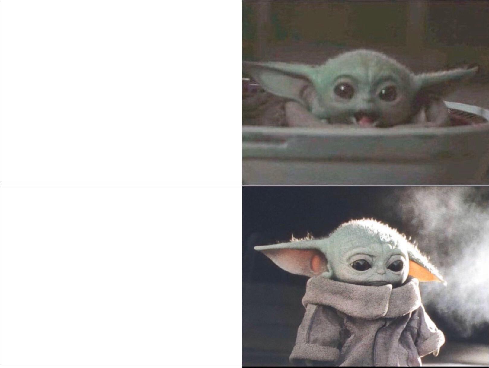 Template meme Baby Yoda happy then sad
