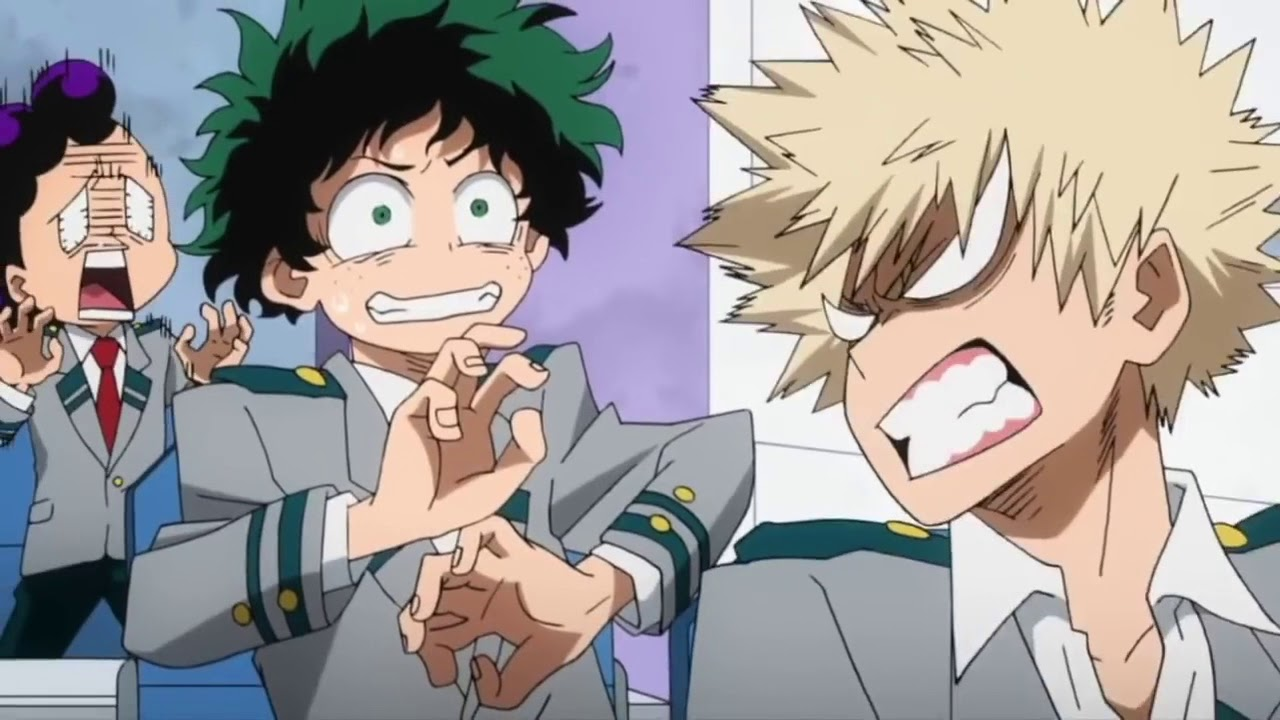 Plantilla de meme Bakugo mad scaring Deku and Minata