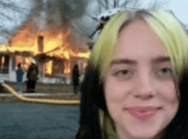 Plantilla de meme billie eilish and a burning house