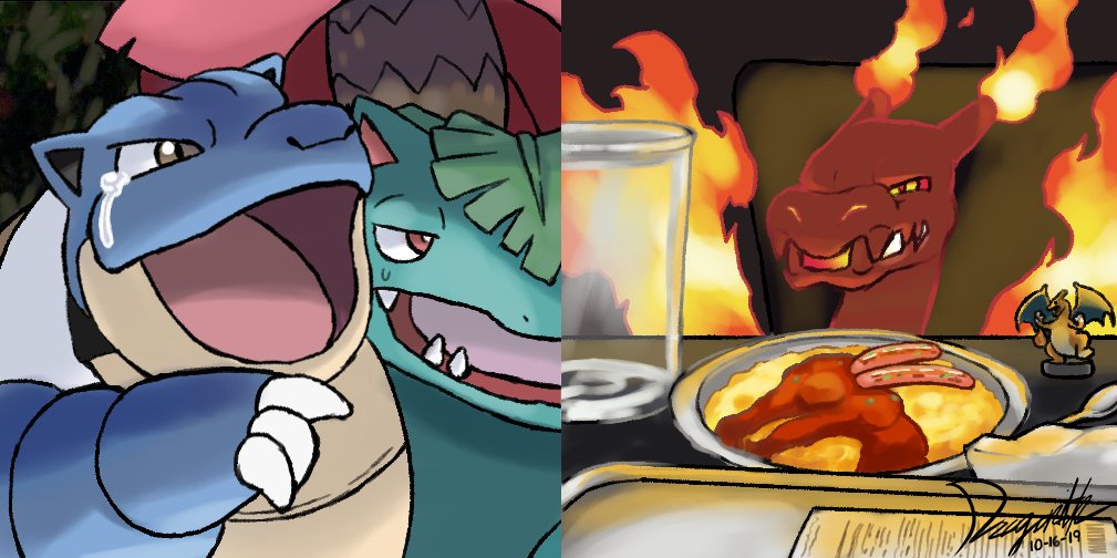 Plantilla de meme blastoise yelling at gigantamax charizard