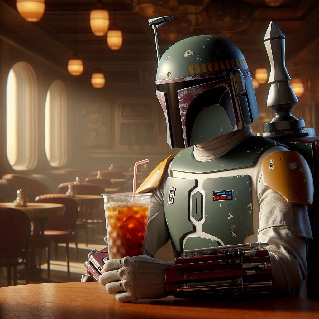 Plantilla de meme Boba Fett Boba Tea Deep Thought