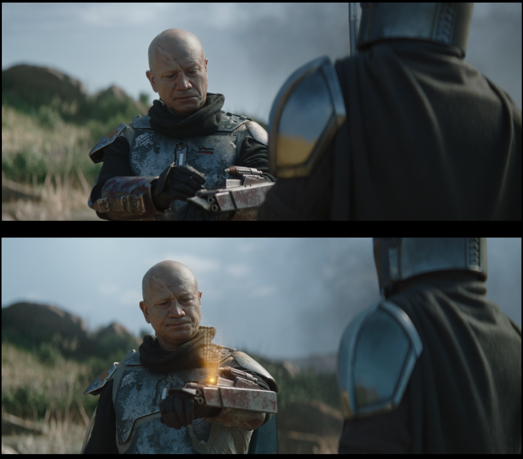 Template meme Boba Fett shows something