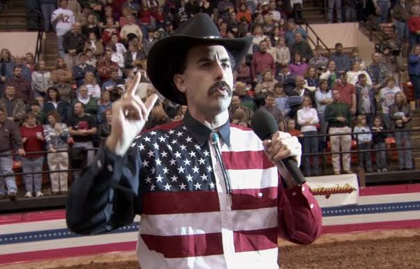 Template meme Borat in America flag shirt