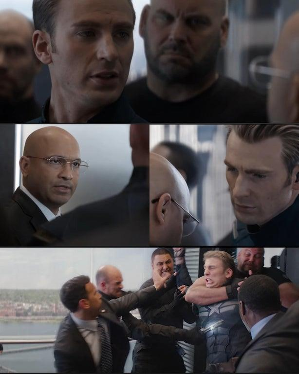 Plantilla de meme Captain America Elevator Fight Dad Joke