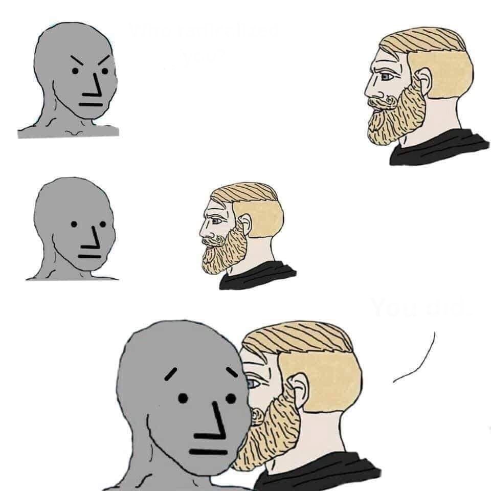 Template meme Chad approaching npc