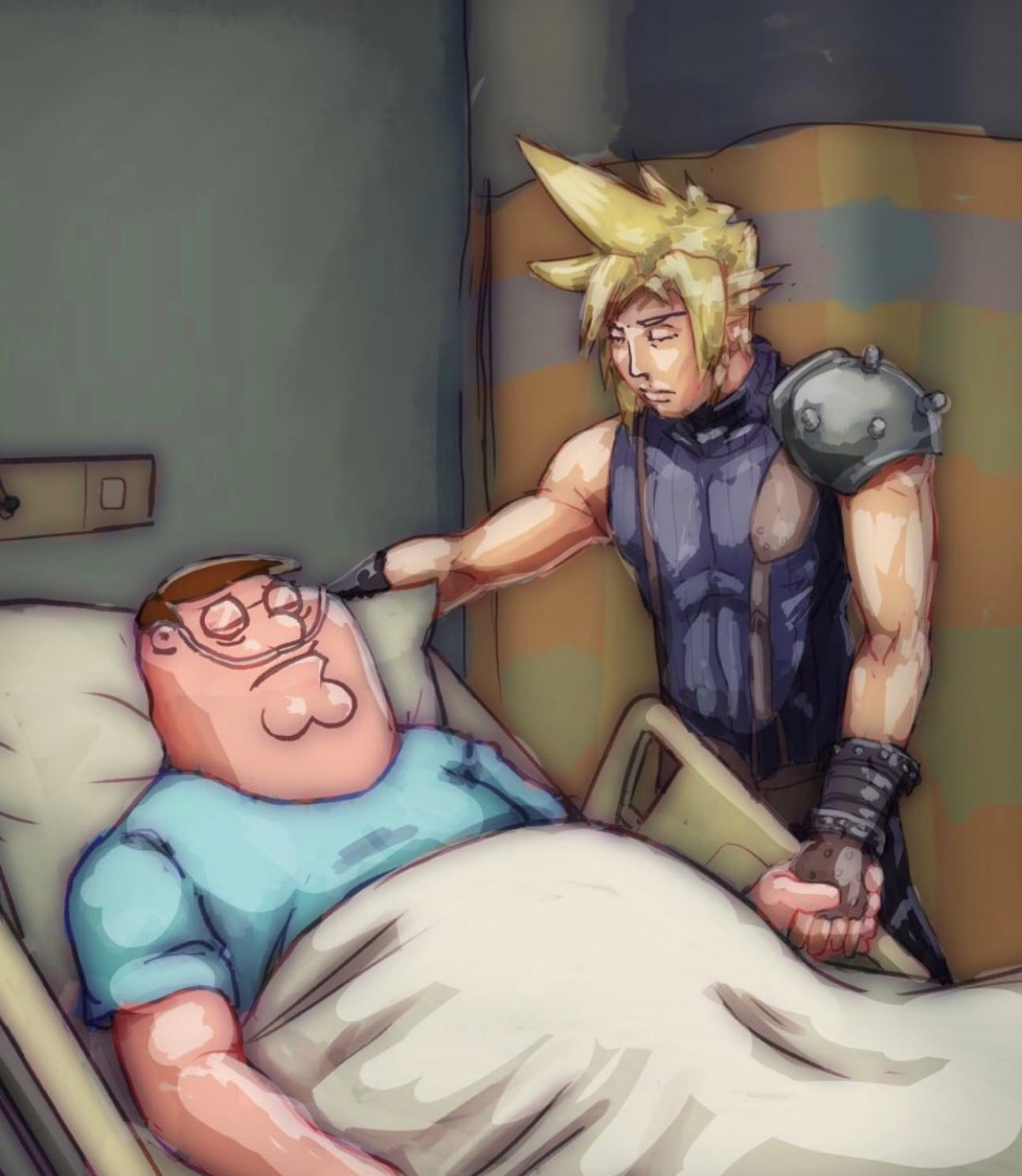 Plantilla de meme Cloud Strife comforts Peter Griffin Hospital