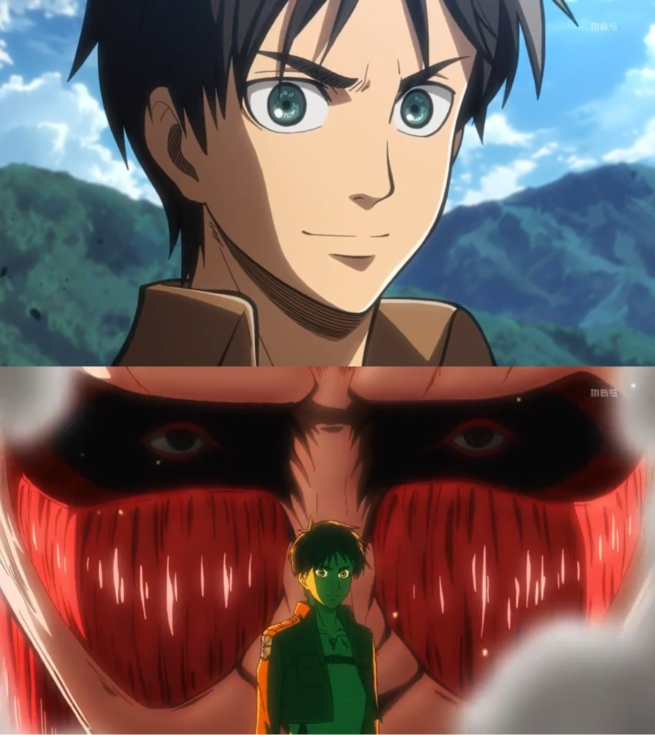 Template meme Colossal Titan Behind Eren Yeager