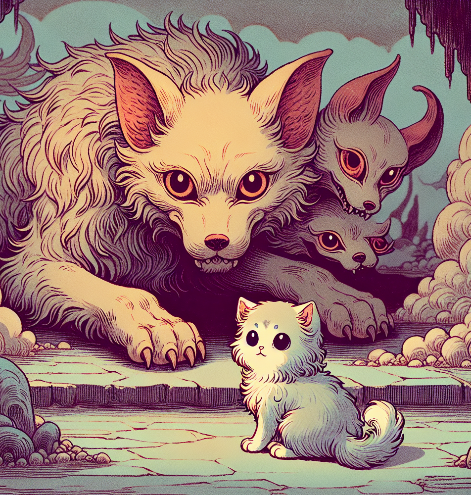 Template meme Cute kitten sitting in front of a Cerberus hell hound