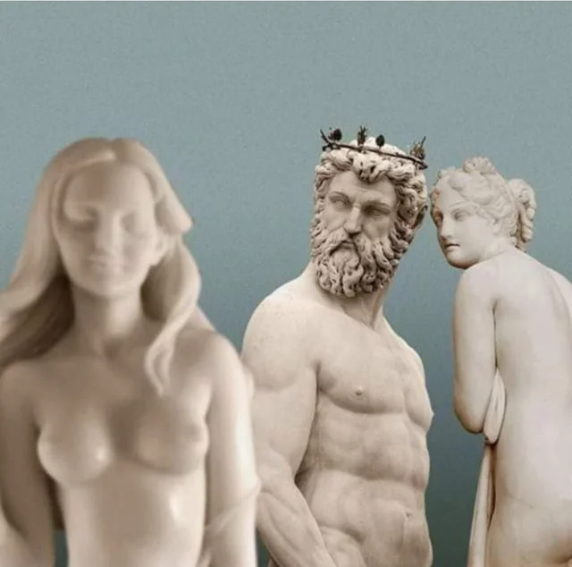 Template meme Distracted Boyfriend But With Ancient Greek Statues