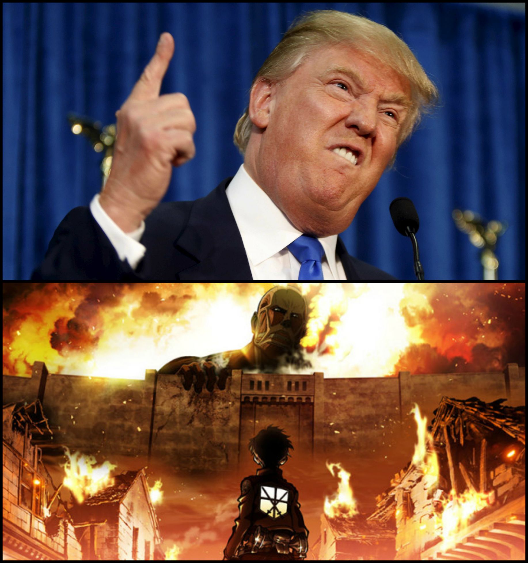 Template meme Donald Trump's wall VS. Attack on Titan