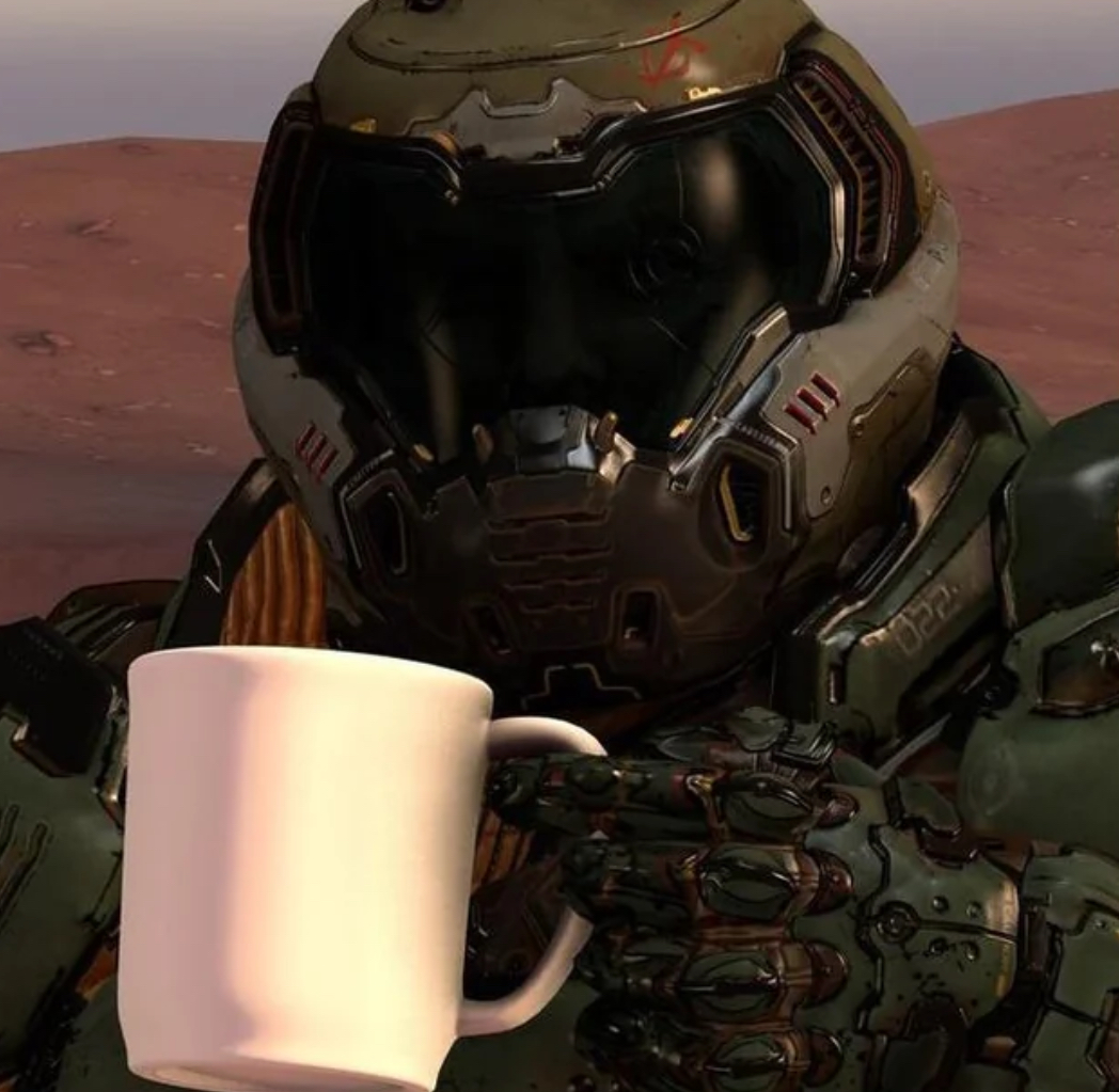 Plantilla de meme Doom slayer holding mug