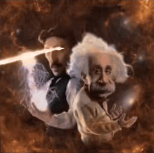 Plantilla de meme Einstein and Nikola Tesla AI fire effect