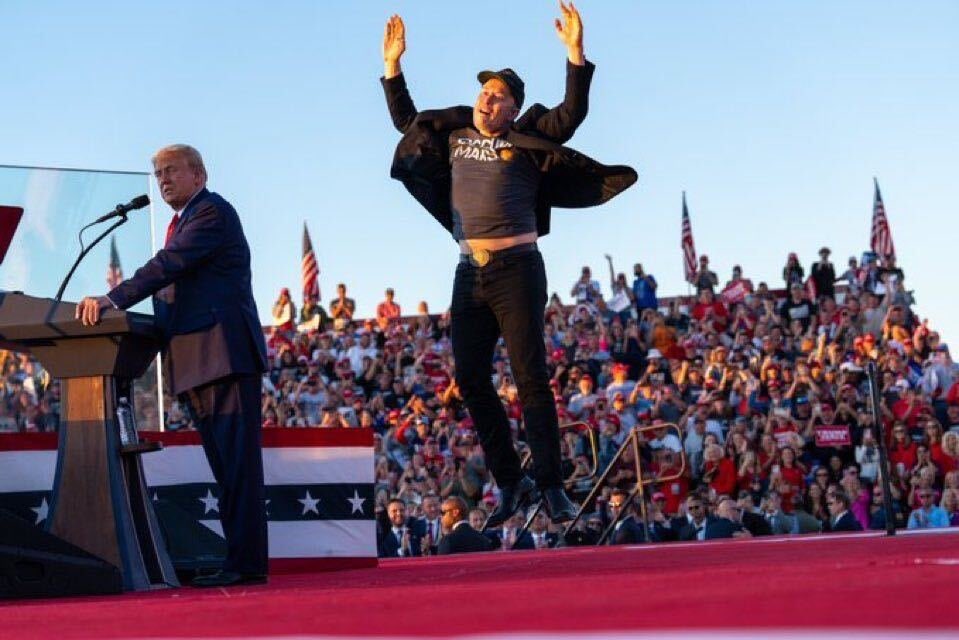 Template meme Elon Musk jumping at Donald Trump rally