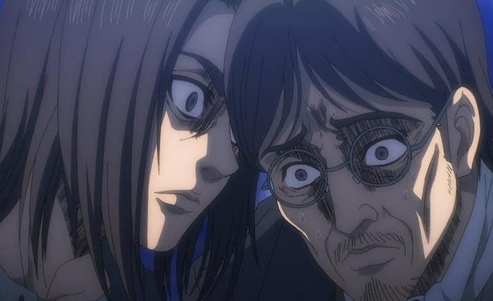 Template meme Eren Jaeger stares down his dad