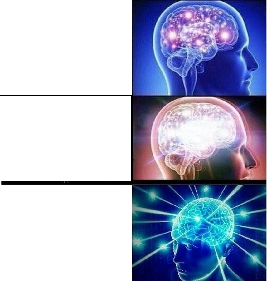 Plantilla de meme Expanding brain 3 panels