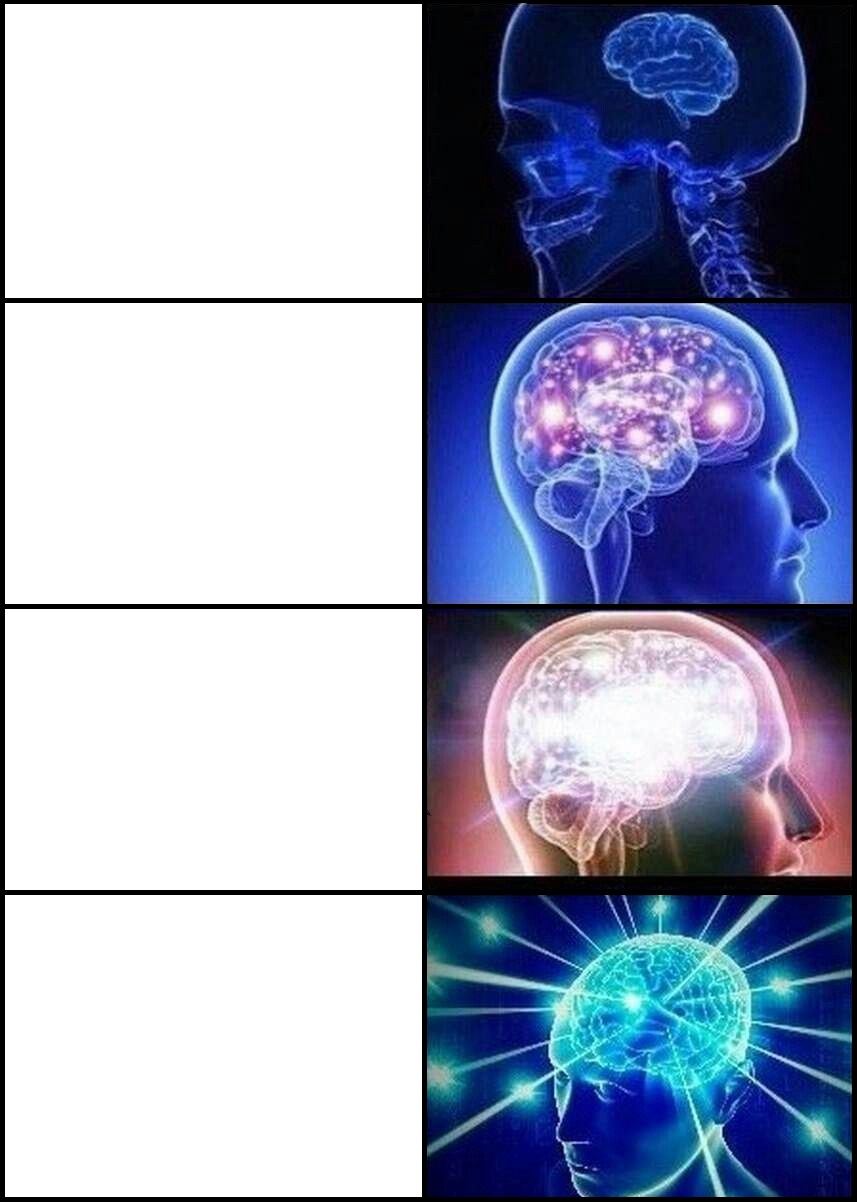 Plantilla de meme Expanding Brain 4 Frames Fixed