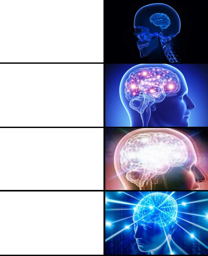 Plantilla de meme Expanding brain 4 panels