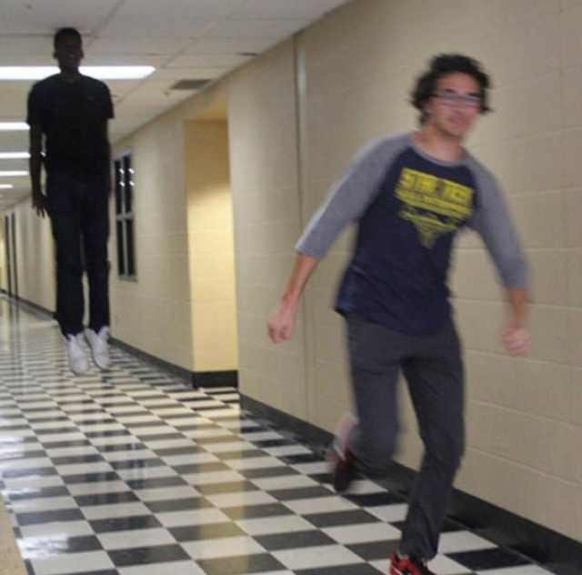 Template meme floating boy chasing running boy