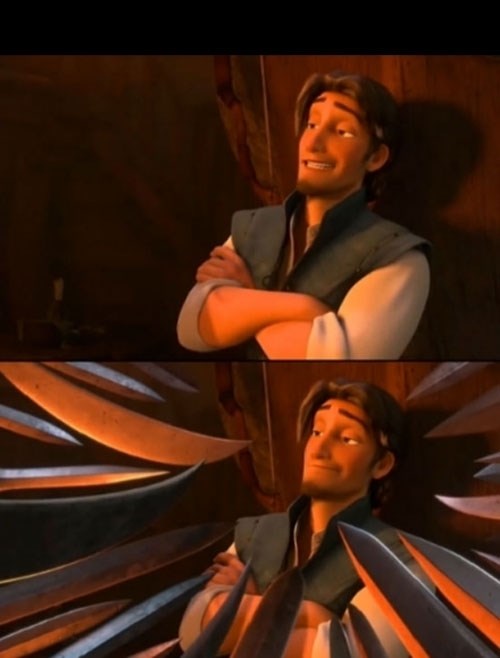 Plantilla de meme Flynn Rider about to state unpopular opinion then knives