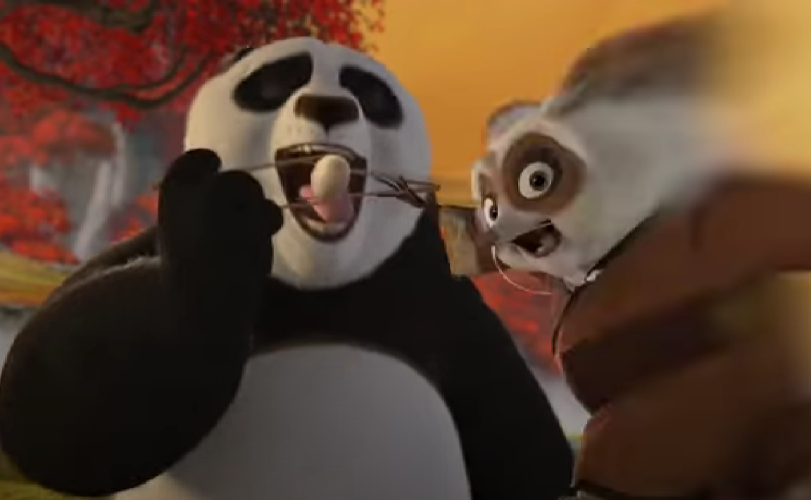 Template meme Frame of Master Shifu stealing Po's dumpling