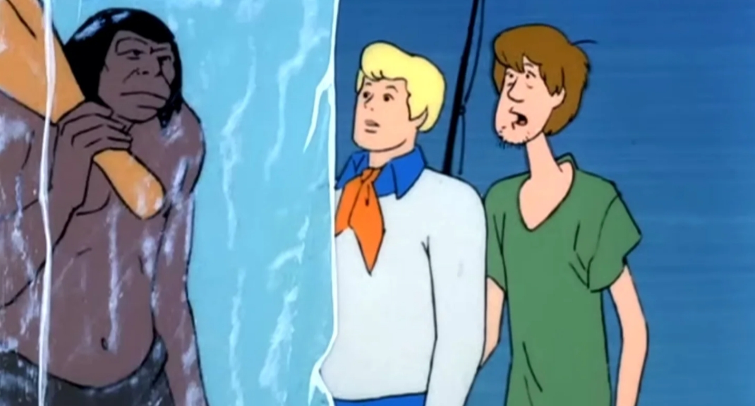 Template meme Fred Jones, Shaggy Rogers and frozen caveman