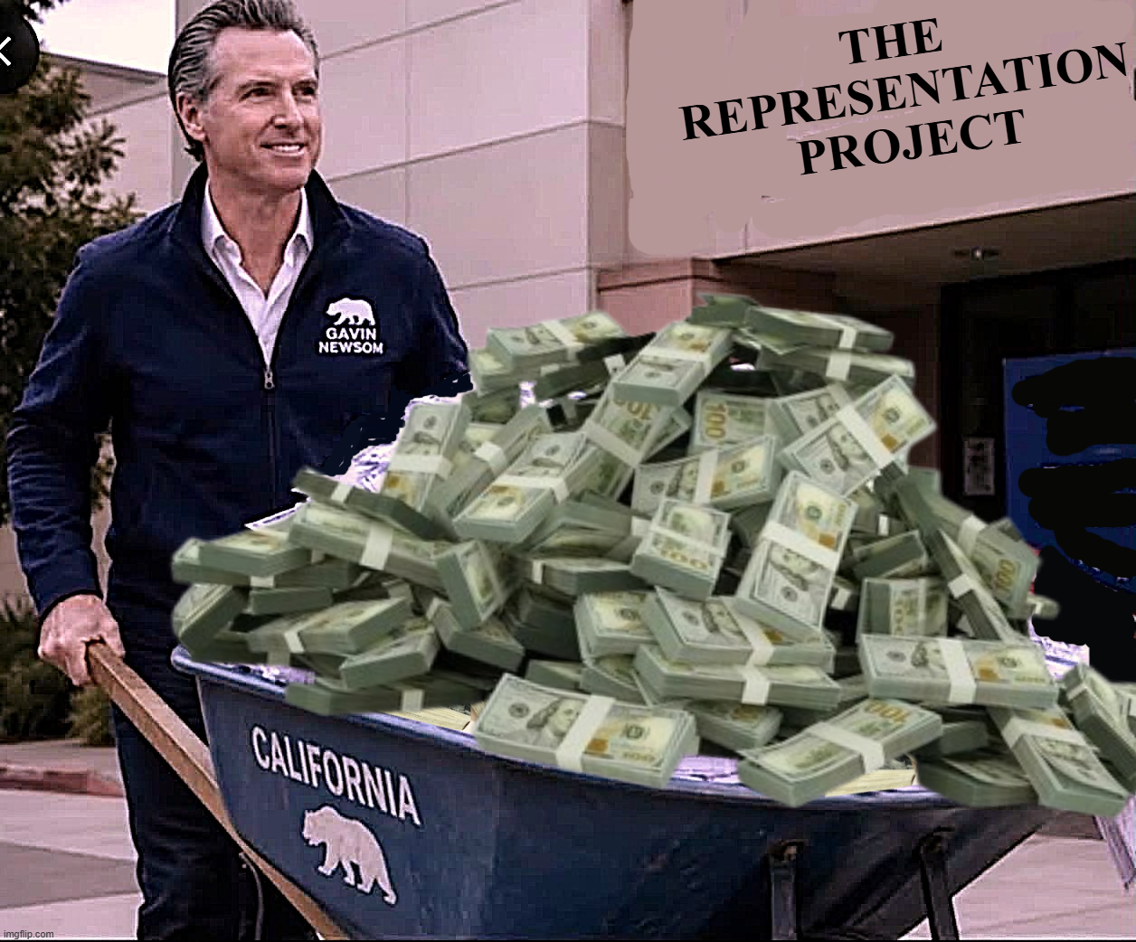 Gavin Newsom hiding wheelbarrow of money meme template