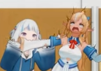 Template meme Gawr Gura biting Shiranui Flare