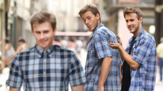 Plantilla de meme gay distracted boyfriend