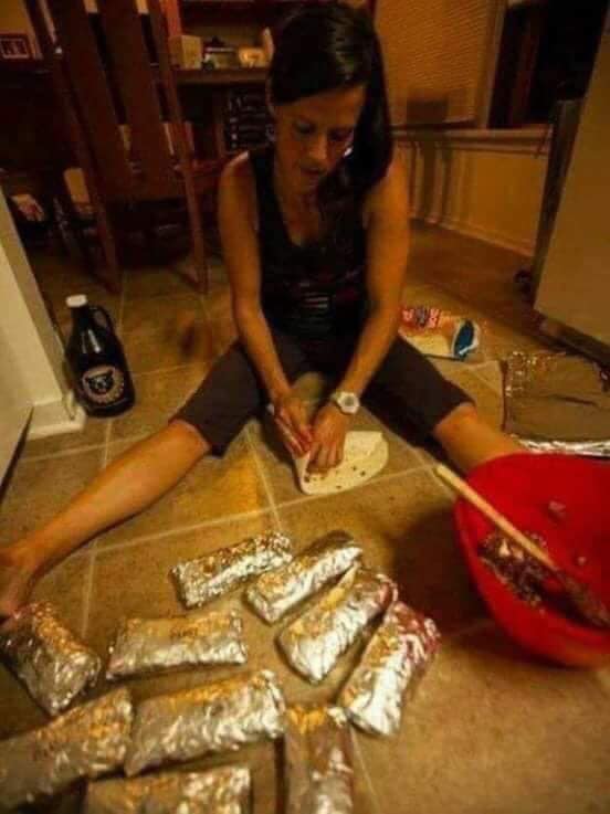 Template meme Girl on floor wrapping burritos