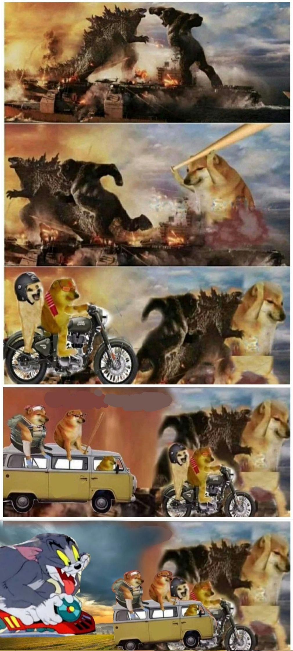 Template meme Godzilla Vs King Kong vs Doge vs buff Doge vs Tom