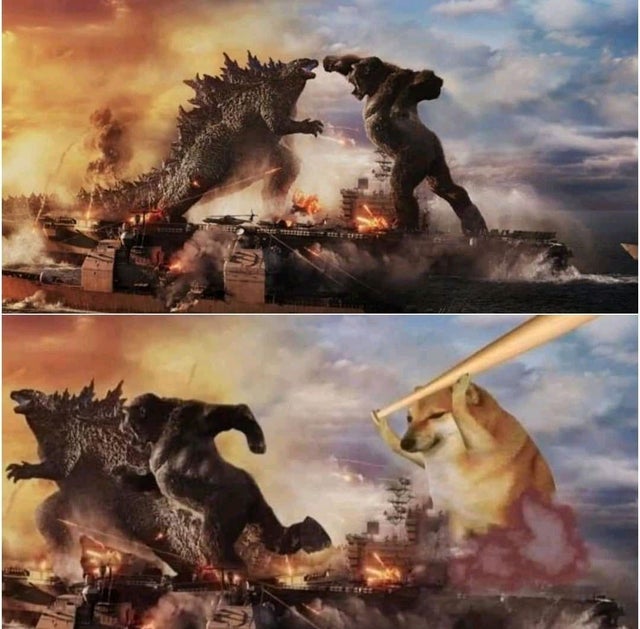 Template meme Godzilla vs Kong vs Cheems