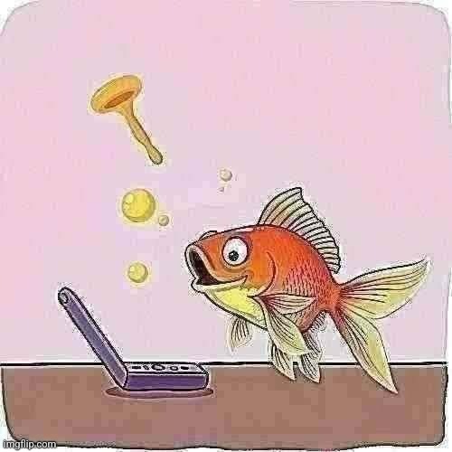 Goldfish cheering at flip phone meme template