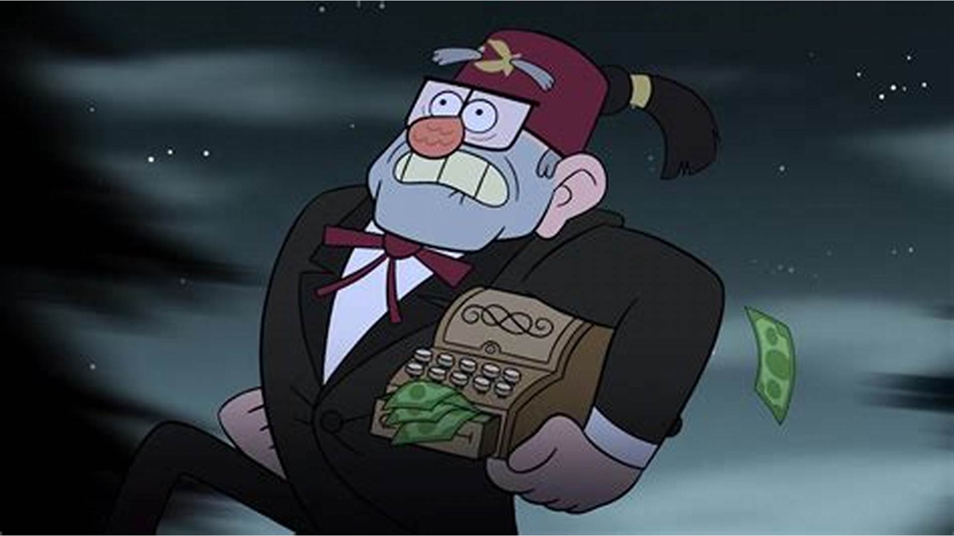 Plantilla de meme grunkle stan running away from cops