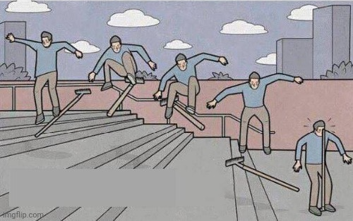 Guy doing kickflip with rake meme template