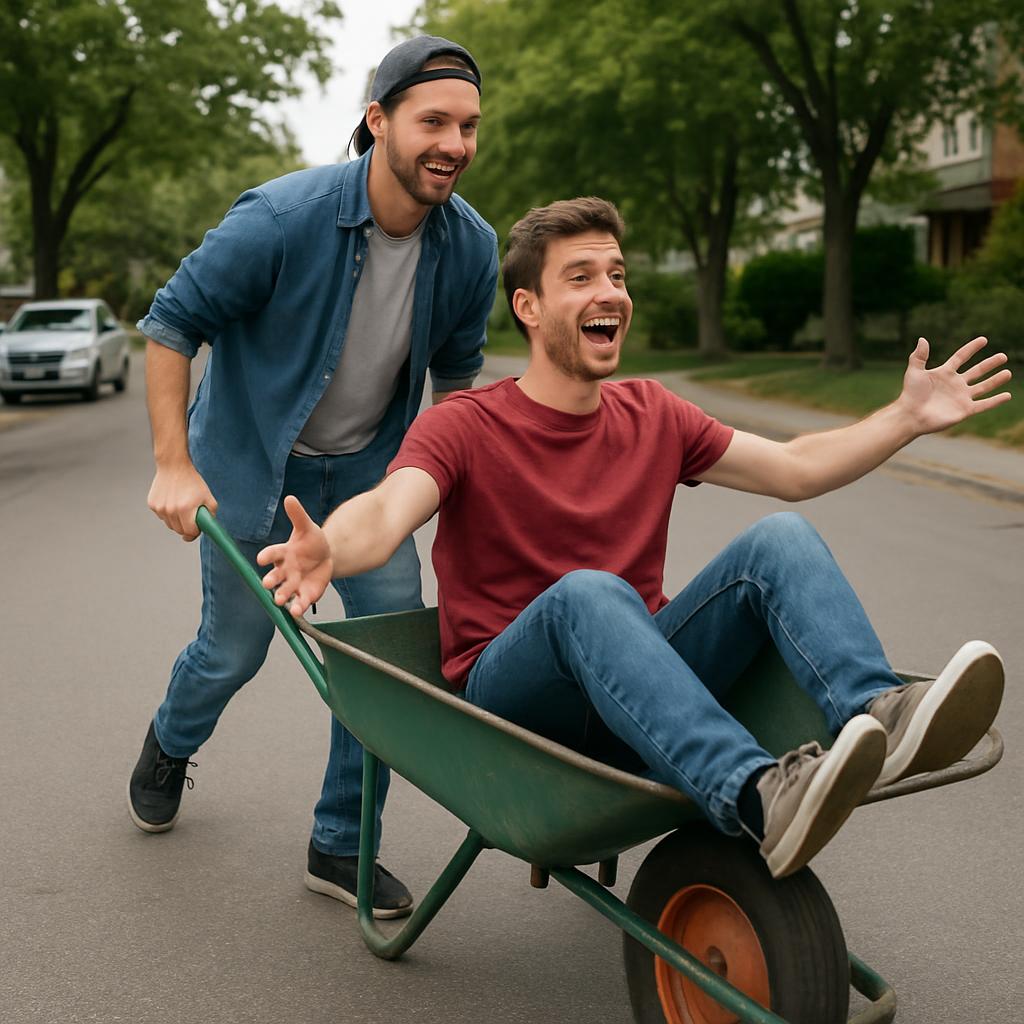 Guy pushing another guy in a wheelbarrow down the street meme template