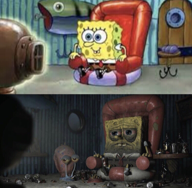 Template meme Happy Spongebob vs Depressed Spongebob