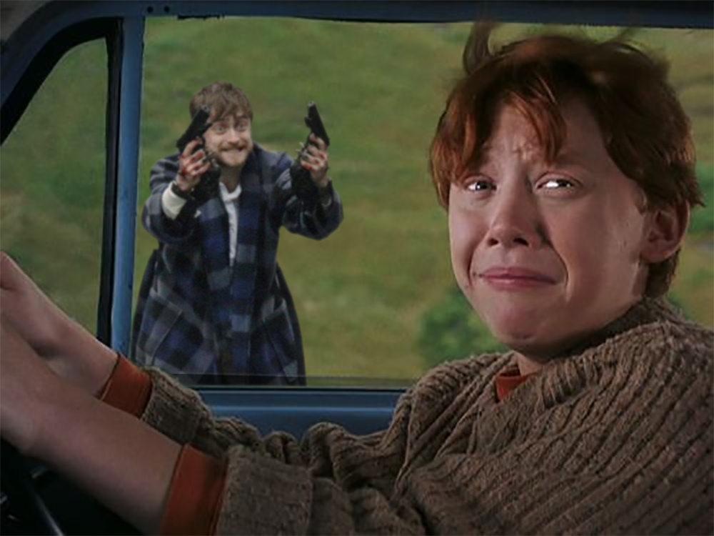 Plantilla de meme Harry with guns, scared Ron