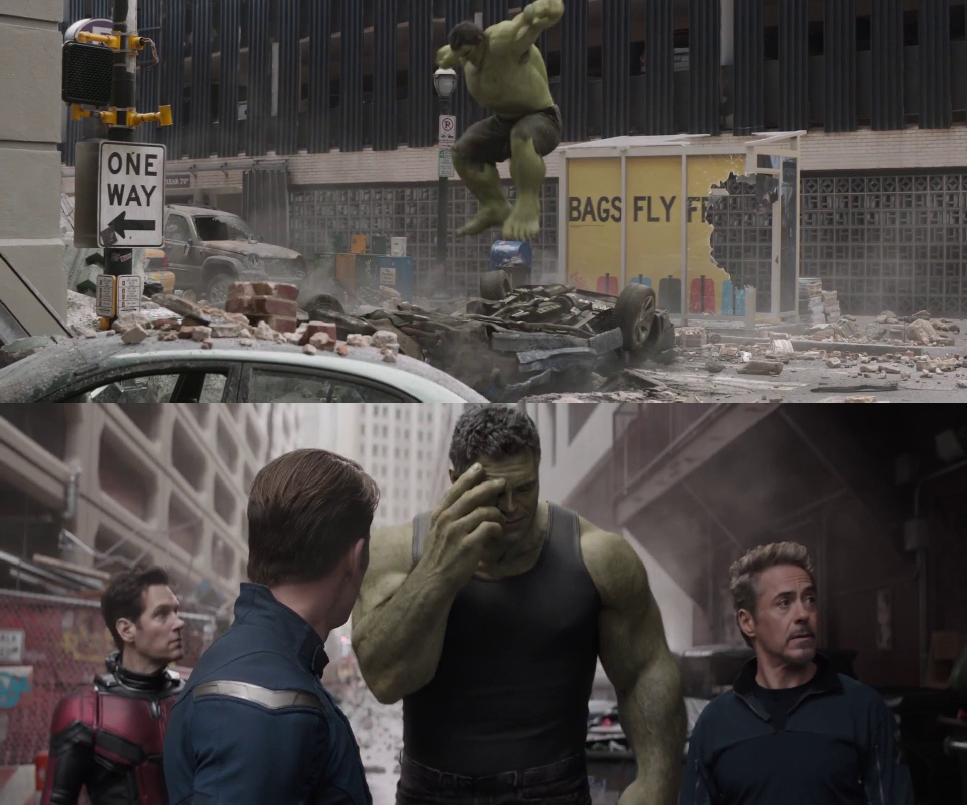 Plantilla de meme hulk watching young hulk smash a car