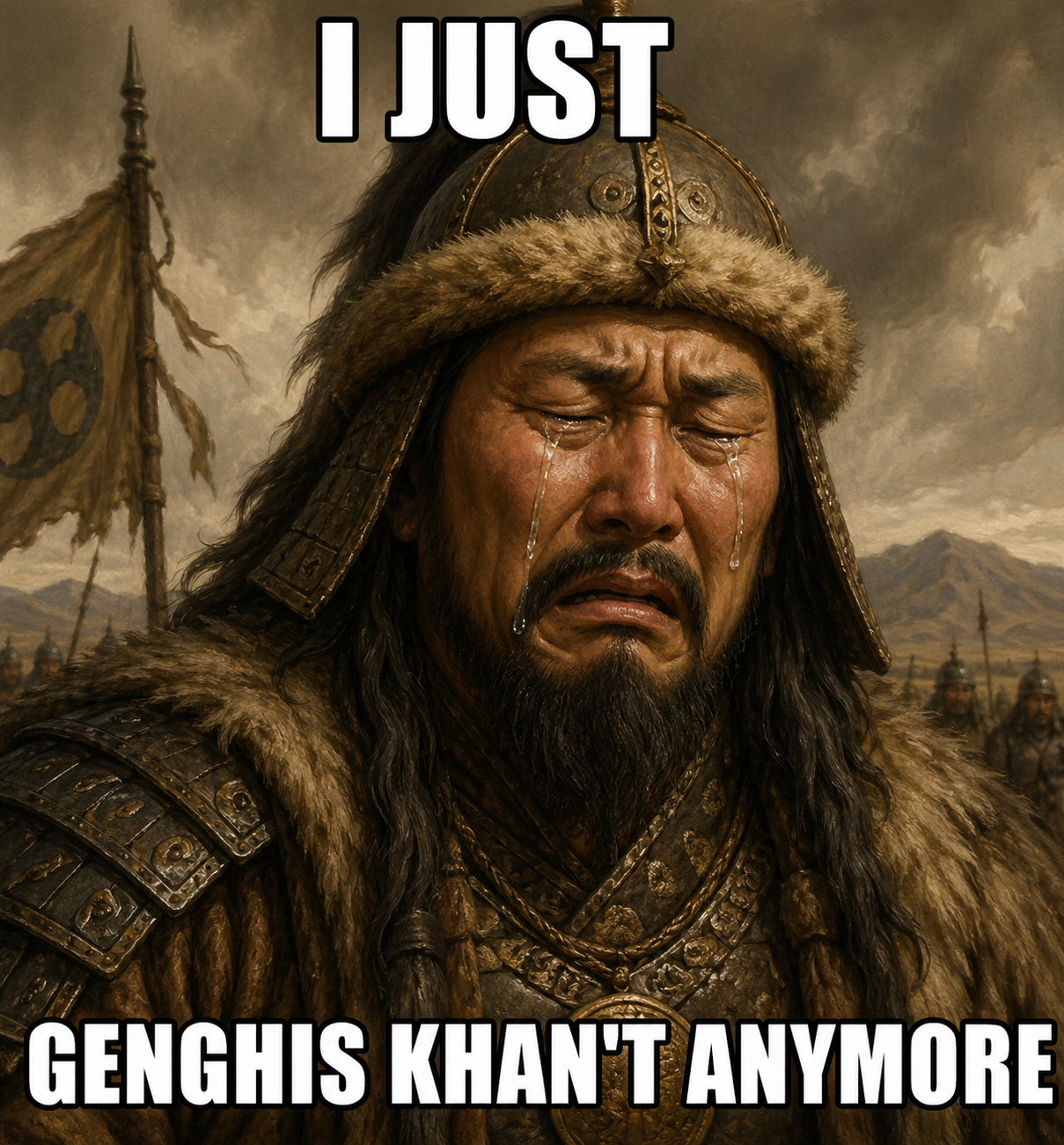 Plantilla de meme I just Genghis Khan't Anymore