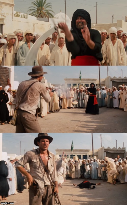 Template meme Indiana Jones Shoots Guy With Sword