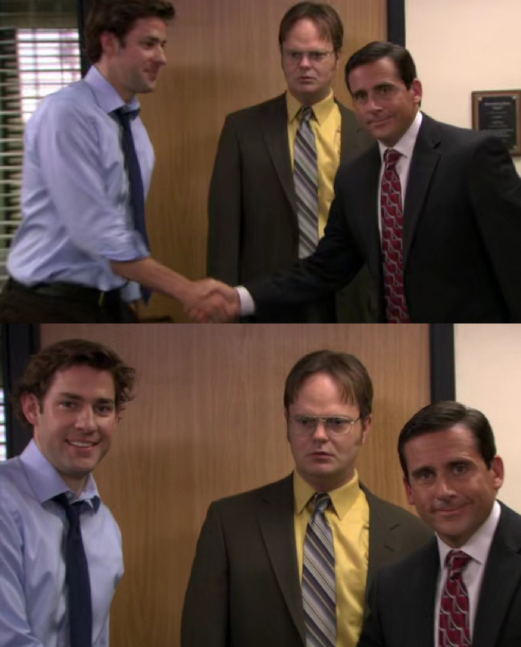 Plantilla de meme Jim Halpert shakes Michael's hand