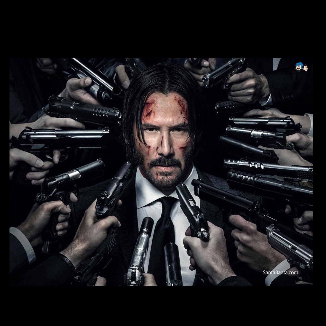 Plantilla de meme JOHN WICK CHAPTER 2 SURROUNDED BY GUNS