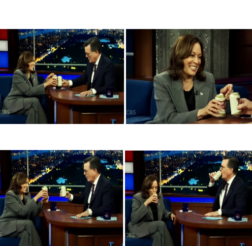 Template meme Kamala drinks beer on Stephen Colbert show