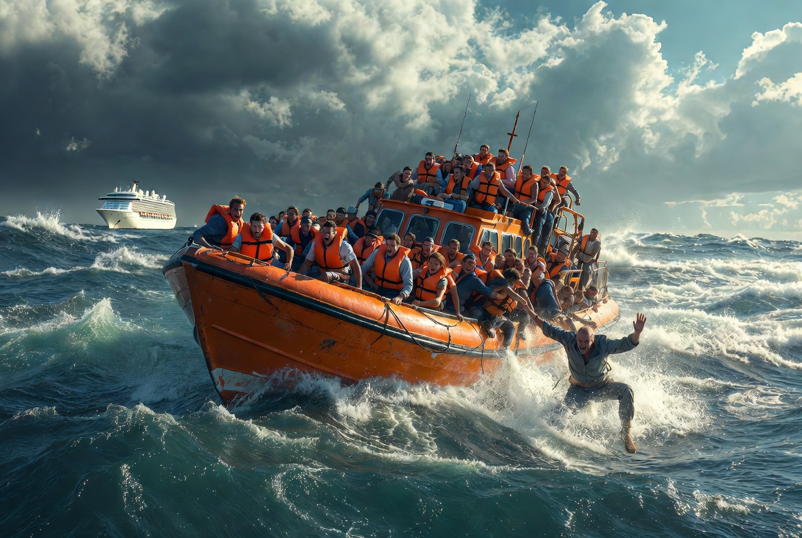 Lifeboat rough seas overboard survival ethics meme template