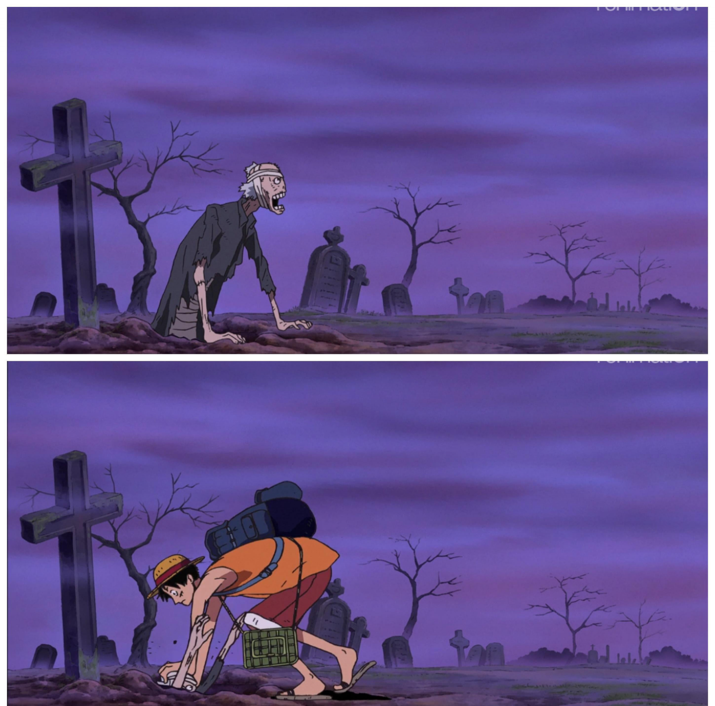 Plantilla de meme Luffy pushing zombie