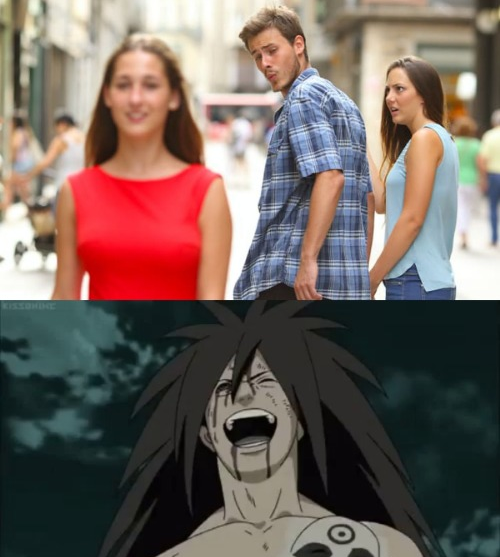 Template meme Madara taking the victory/ distracted boyfriend