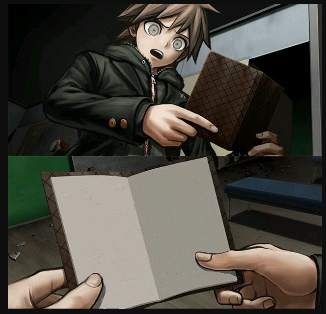 Plantilla de meme makoto naegi opening kirigiri's notebook danganronpa template